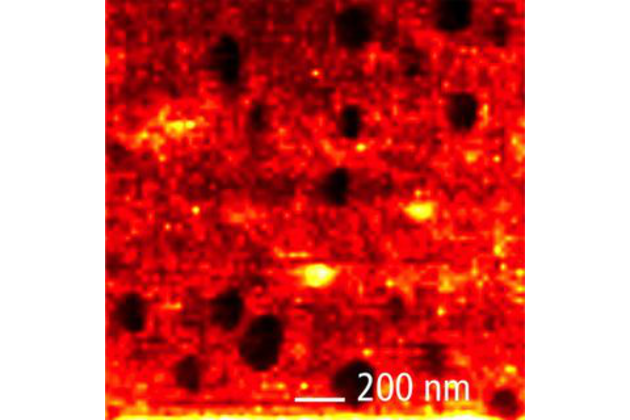 TERS mapa s vysokým rozlišením. Rozlišení ~20 nm. Vzorek: Tenká BCB molekulární vrstva na Au substrátu.